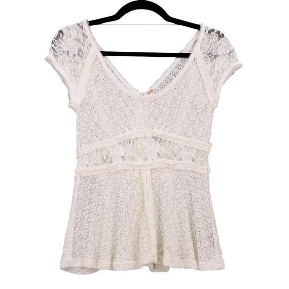 Free People Besties Top women Small Cream Lace Boho Back Button Cap Sleeve - Picture 3 of 14